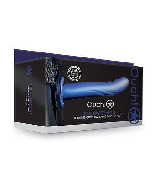 product image, Shots Ouch 8" Textured Curved Hollow Strap On - Metallic Blue - SEXYEONE