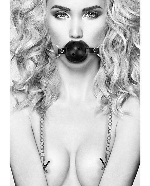 product image,Shots Ouch Black & White Breathable Ball Gag W-nipple Clamps - Black - SEXYEONE