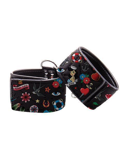 image of product,Shots Ouch Old School Tattoo Style Printed Ankle Cuffs- Black - SEXYEONE