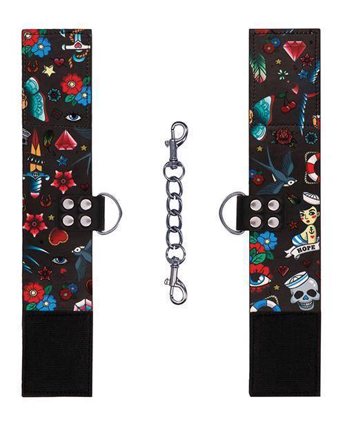 image of product,Shots Ouch Old School Tattoo Style Printed Hand Cuffs- Black - SEXYEONE