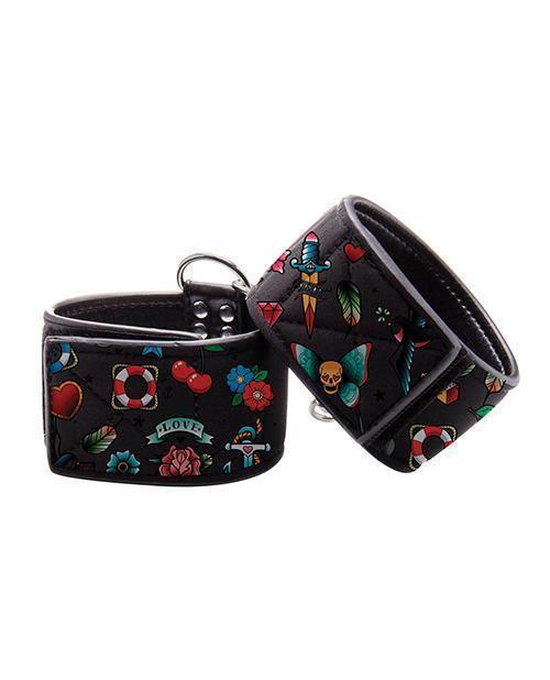 image of product,Shots Ouch Old School Tattoo Style Printed Hand Cuffs- Black - SEXYEONE