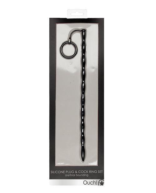product image, Shots Ouch Urethral Sounding Silicone Plug & Cock Ring Set - Black - SEXYEONE