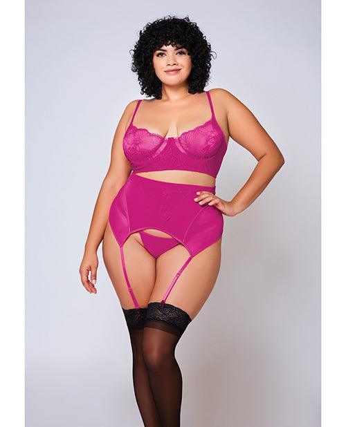 product image, Soft Lace Bra, High Waist Satin & Mesh Garterbelt & G-string Fuchsia - SEXYEONE