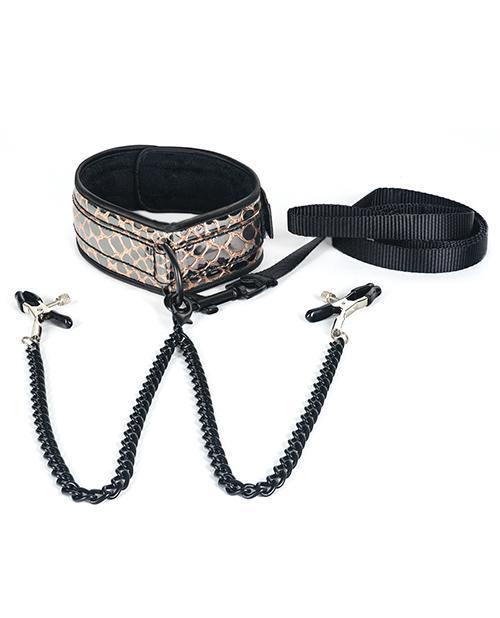 product image, Spartacus Faux Leather Collar & Leash W/black Nipple Clamps - SEXYEONE