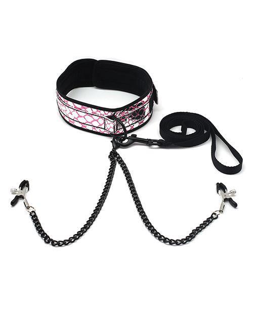 image of product,Spartacus Faux Leather Collar & Leash W/black Nipple Clamps - SEXYEONE
