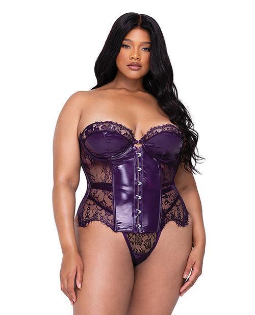 product image, Sugar Plum Scalloped Eyelash Lace & Faux Leather Bustier W/steel Boning & Thong Purple - SEXYEONE