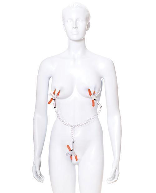image of product,The 9's Orange Is The New Black Triple Your Pleasure Clamps & Chain - SEXYEONE