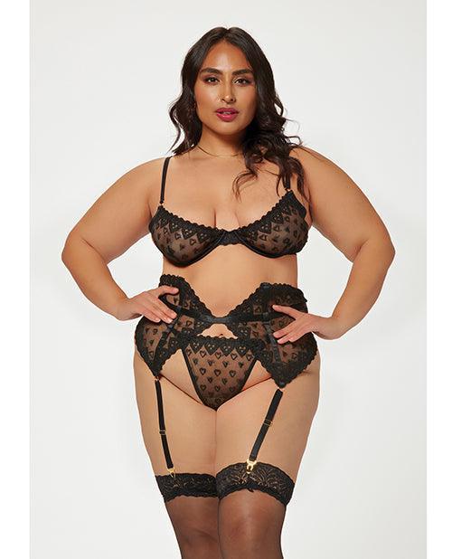 product image, Valentines Heart Embroidered Mesh Bra, Waspie & Panty Black - SEXYEONE