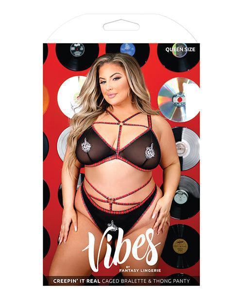 image of product,Vibes Creepin' It Real Caged Bralette & Thong Panty Black Qn - SEXYEONE