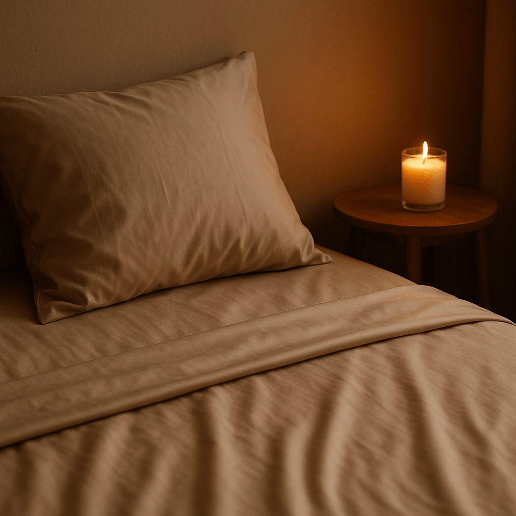 Softly lit romantic bedroom with silk sheets and a glowing candle on the nightstand — warm, sensual ambiance for intimacy and connection.
