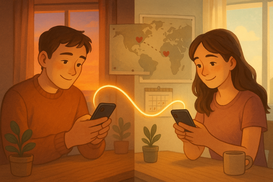 Couple in a long-distance relationship video chatting and smiling warmly across screens