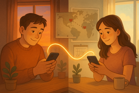 Couple in a long-distance relationship video chatting and smiling warmly across screens