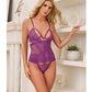 Metallic Stretch Lace & Mesh Teddy w/Detachable Panty - Purple