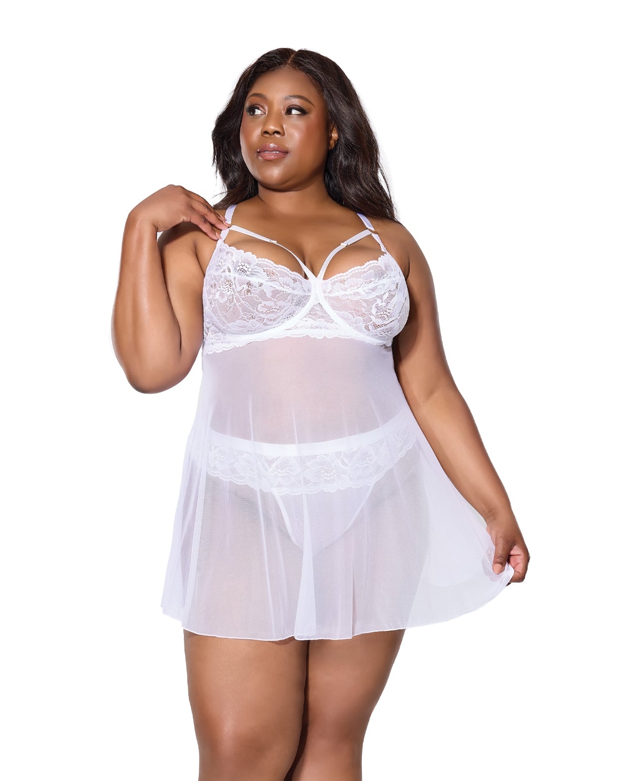 product image, Scallop Stretch Lace & Mesh Babydoll w/Thong - White 1X/2X