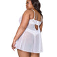 Scallop Stretch Lace & Mesh Babydoll w/Thong - White 1X/2X