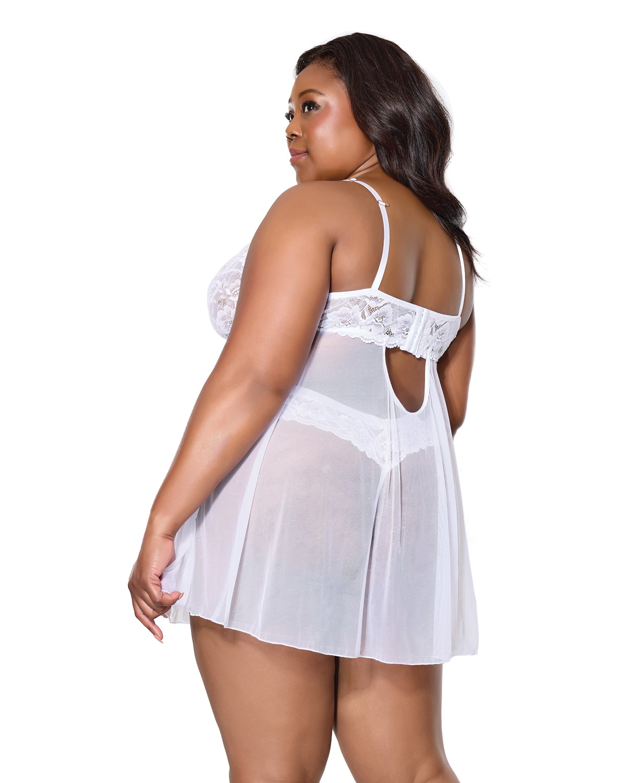 image of product,Scallop Stretch Lace & Mesh Babydoll w/Thong - White 1X/2X