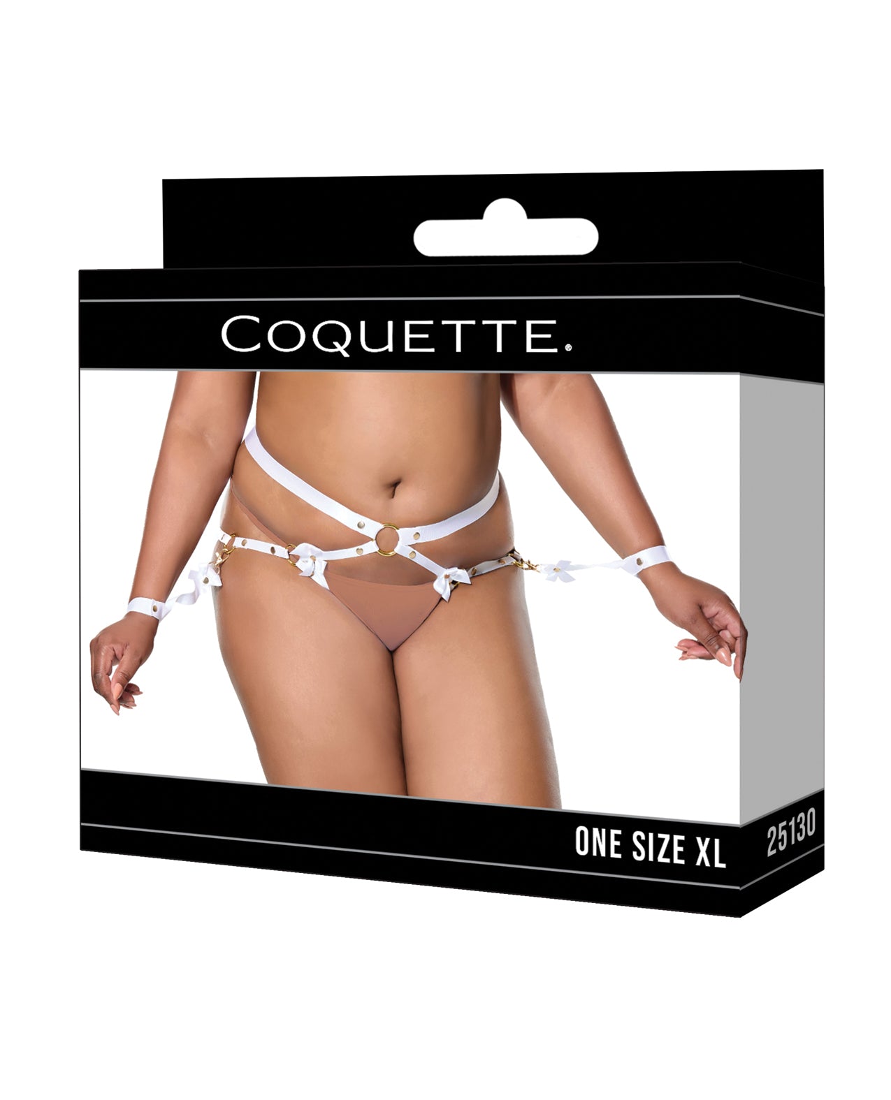 image of product,Satin Ribbon w/Elastic Harness & Cuffs Set - White/Gold QN