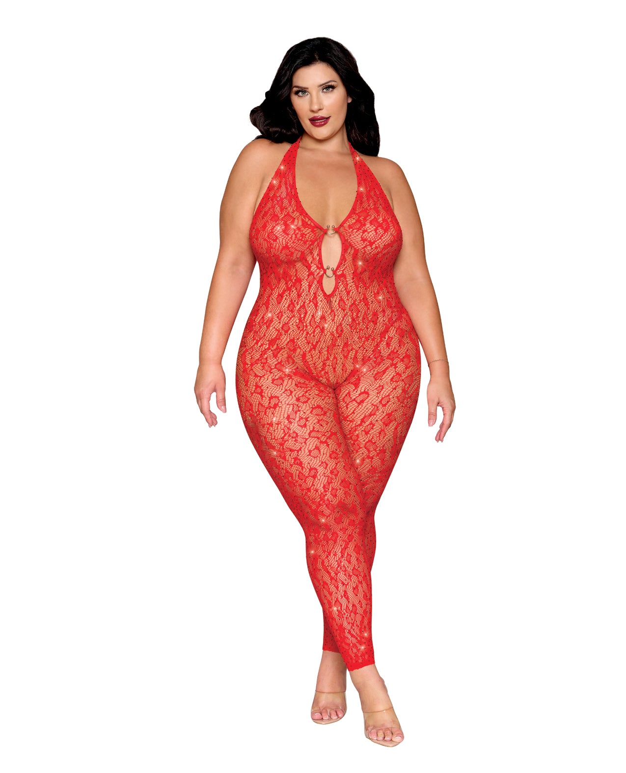 product image, Leopard Pattern Seamless Bodystocking w/Gold Details - Red QN