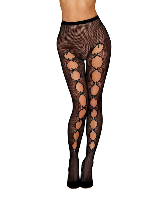 product image,Fishnet Pantyhose w/Back Seam & Satin Bows - Black O/S