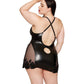 Embroidered Stretch Faux Leather and Mesh Chemise - Black 1X