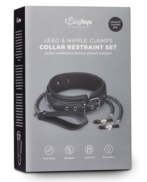 product image, Easy Toys Faux Leather Collar w/Nipple Chains - Black