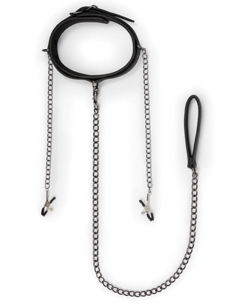 image of product,Easy Toys Faux Leather Collar w/Nipple Chains - Black