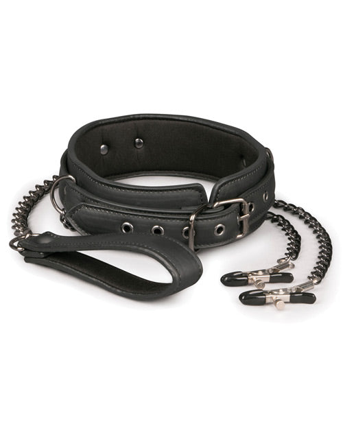 image of product,Easy Toys Faux Leather Collar w/Nipple Chains - Black