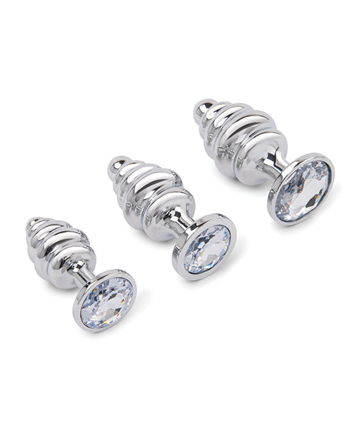 product image,Gemsations 3 pc 2.95" & 3.25" & 3.7" Ripple Bling Bling Metal Butt Plug Training Set - Silver