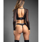 Domina Sheer Mesh & Vegan Leather 2 pc Set w/Crotchless Thong & Gold Restraint Clasps - Black