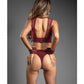 Domina Sheer Mesh & Vegan Leather 3 pc Set w/Crotchless Panty & Handcuffs - Burgundy