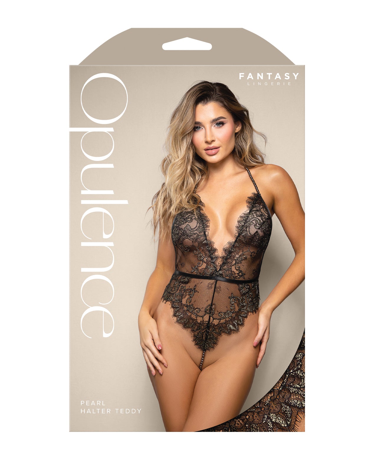 image of product,Opulence Metallic Eyelash Lace Teddy w/Pearl String Crotch - Black