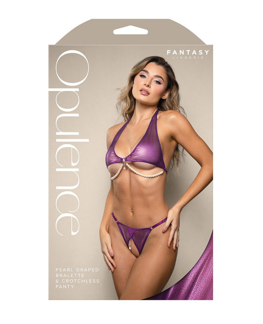 product image,Opulence Shimmer Mesh Halter Top & Panty w/Pearl Details - Purple