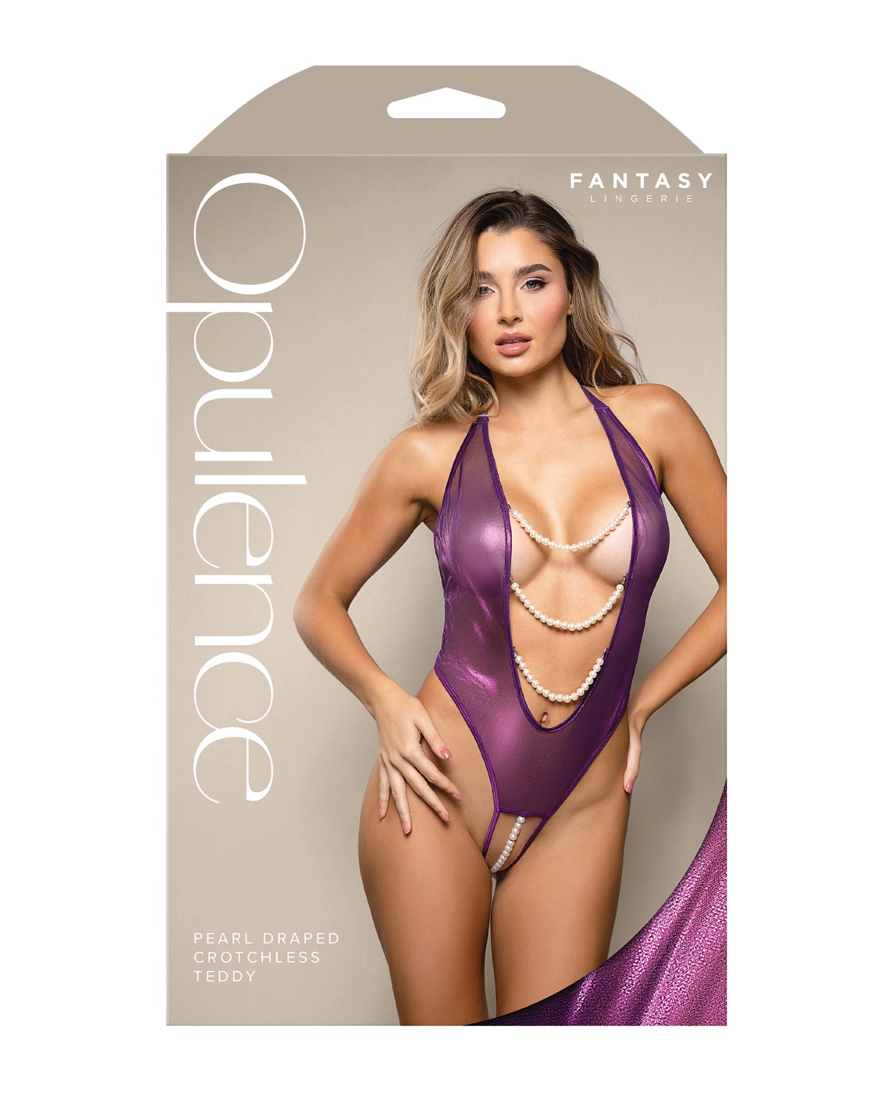 image of product,Opulence Shimmer Mesh Halter Teddy w/Pearl Details - Purple