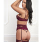 Lace and Embroidery Underwire Bra w/Thong, Garter & Stockings 4 pc Set - Plum O/S