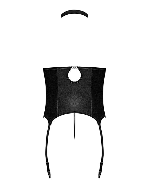 image of product,Lust Mistress Cupless Corset W/velcro Choker Collar, Metal Garters & G-string Black