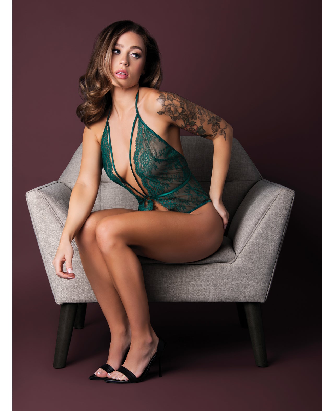 image of product,Evermore Lace Plunge Teddy - Emerald L/XL