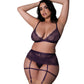 Leather & Lace Stretch Mesh and Lace Bralette w/Garter & Thong 3 pc Set - Plum 2X