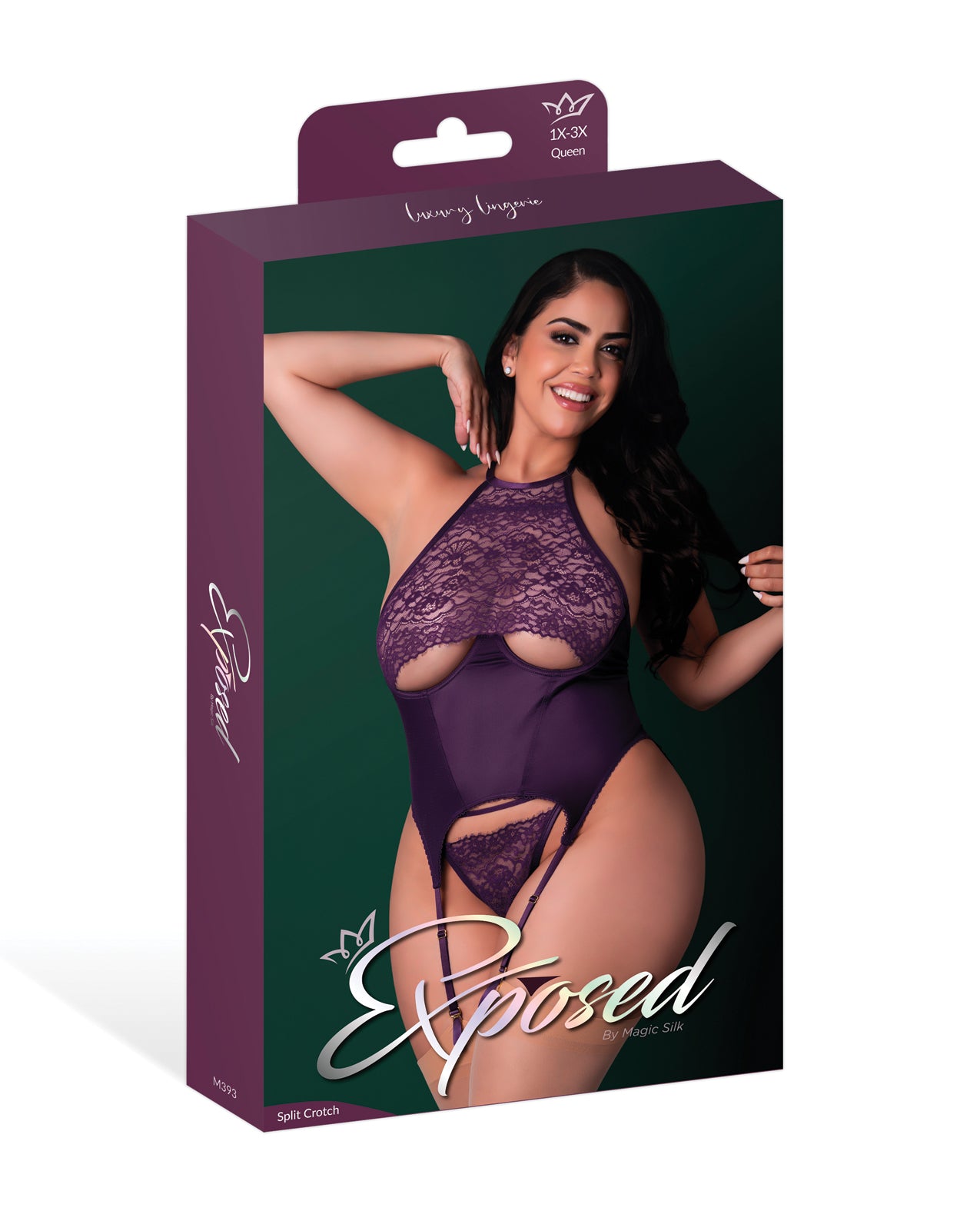 image of product,Leather & Lace Stretch Mesh and Lace Underboob Cutout Corset & Panty 2 pc Set - Plum 2X