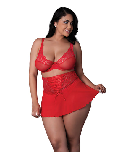 Sugar High Bralette w/Cincher Skirt & Thong 3 pc Set - Red QN