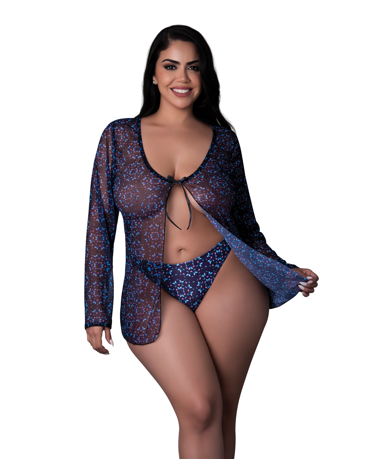 product image, Hazy Dayz Butterfly Blacklight Reflective Tie Front Top & Thong 2 pc Set - Black Multi QN