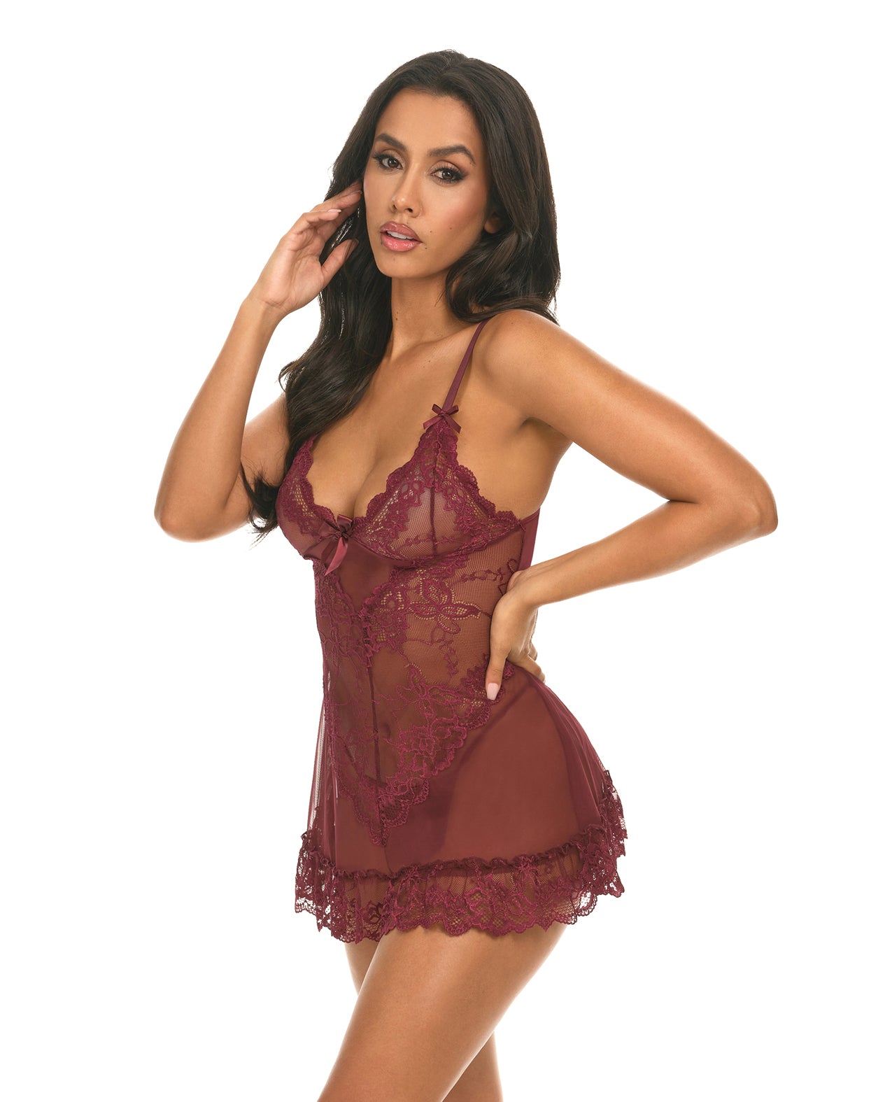 image of product,Valentine Lacey Babydoll w/G-String - Zinfandel