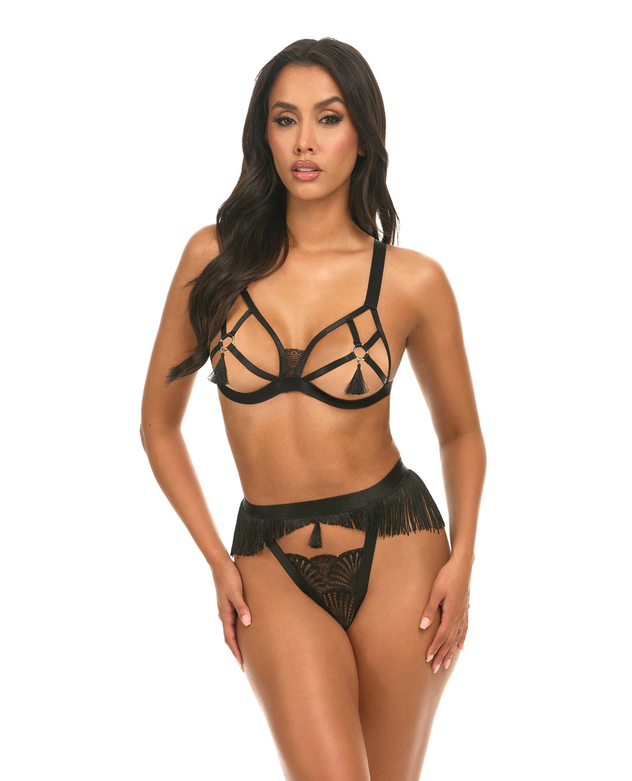 product image, Annika Open Cup 2 pc Set w/Fringe and Tassel Detail - Black