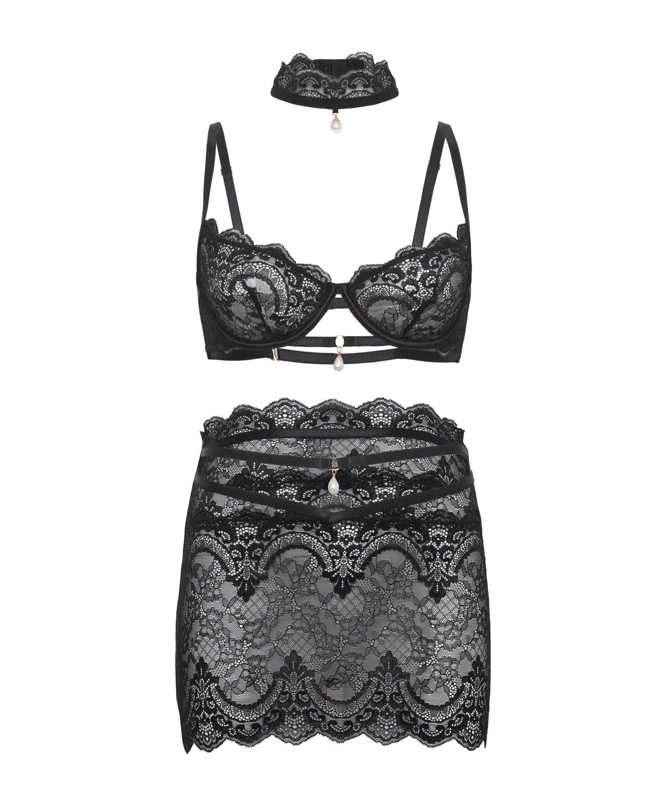 image of product,Perla Lace 3 pc Set w/Pearl Details - Black