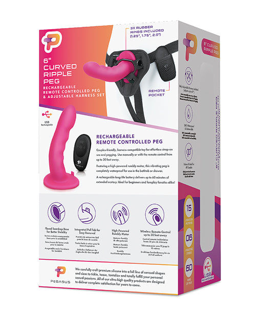 product image,Pegasus 6" Rechargeable Ripple Peg w/Adjustable Harness & Remote - Pink