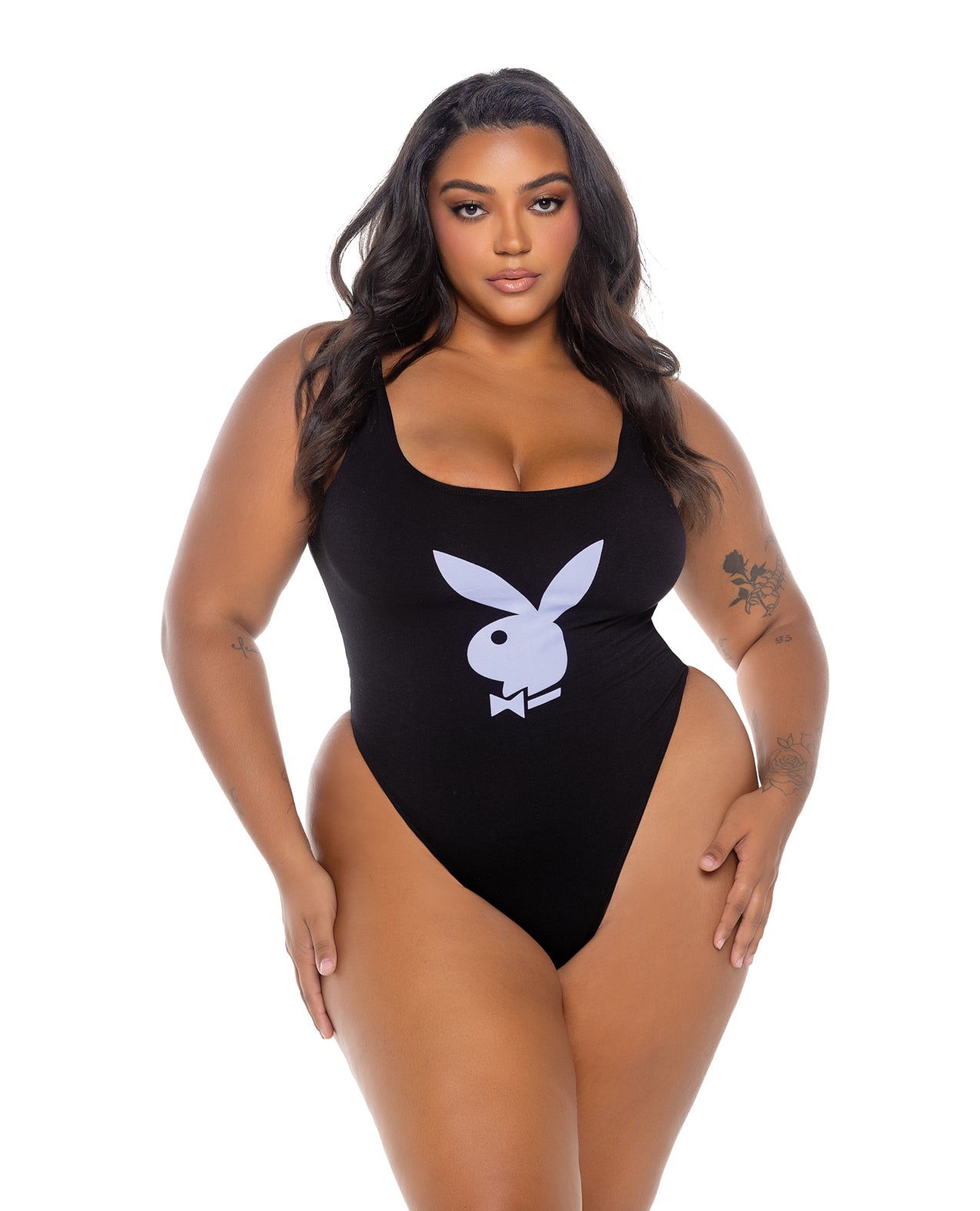 product image, Playboy Scoop Neck Teddy w/Thong Back & Bunny Logo - Black/Lavender