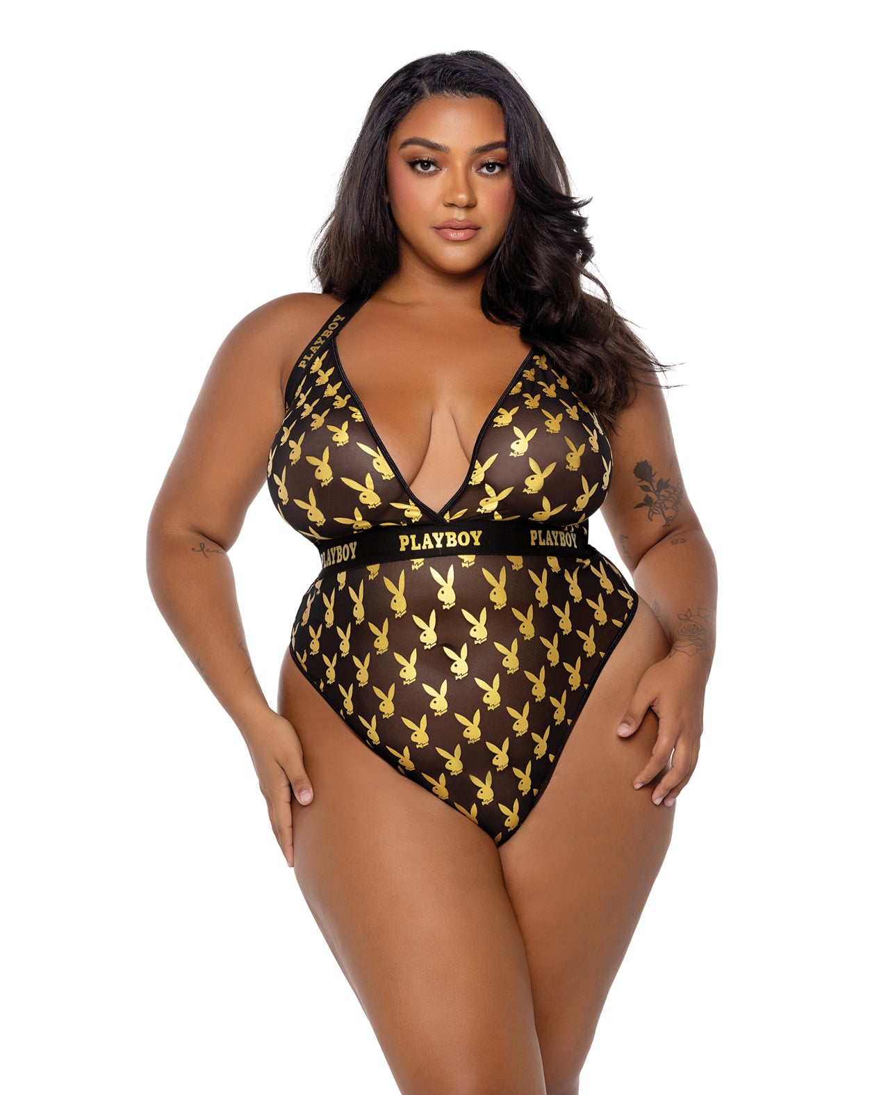 product image, Playboy Bunny Gold Foil Halter Teddy - Black/Gold