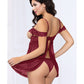 Lace and Mesh Open Cups Babydoll With fly Away Back and Panty Wine