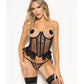 Lace and Dot Mesh Open Cup Bustier w/Hook and Eye Closure & Panty - Black - SEXYEONE