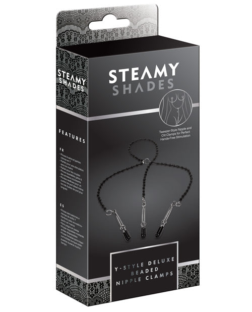 product image, Steamy Shades Y-Style Deluxe Beaded Nipple Clamps - Black/Silver