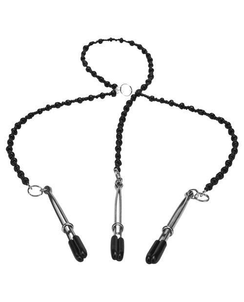 image of product,Steamy Shades Y-Style Deluxe Beaded Nipple Clamps - Black/Silver